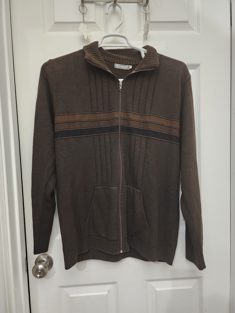 Men's Full-Zip Brown Knit Sweater with Chest Stripes